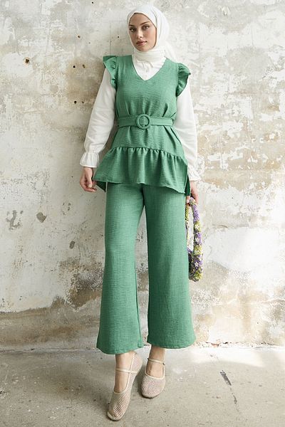 InStyle Three Pieces Set with Ruffles on the Shoulder - Green