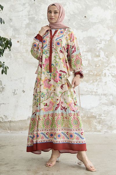 InStyle Floral Patterned Viscose Dress - Claret Red