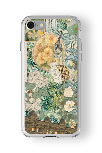 Space Star iPhone 6 ve 6s Uyumlu Çiçekler ve Kedi Kolaj Tasarım Baskılı Şeffa...