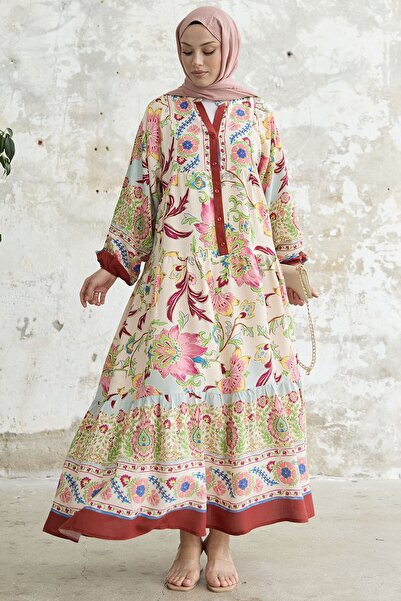 InStyle Floral Patterned Viscose Dress - Claret Red