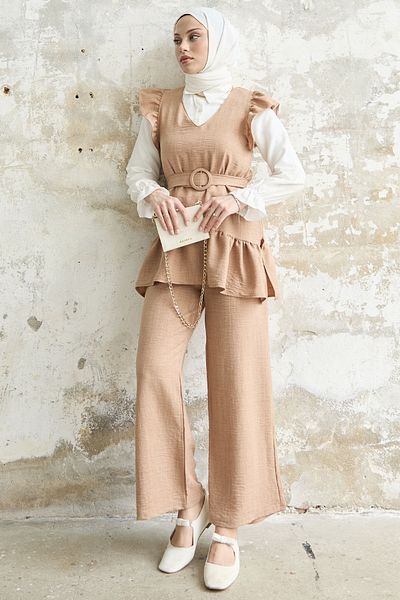 InStyle Frilly Shoulder Triple Set - Camel