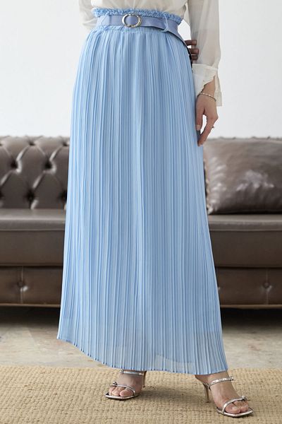 InStyle Fusta din șifon cu talie adunată cu centură - Baby Blue