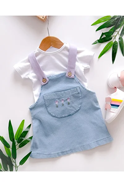 hümabebe Tulip Embroidery Colorful Straps Knitted Denim Fabric Summer Dress Salopet Set of 2