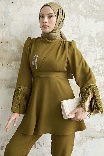 InStyle Tasseled Sleeve Jewelled Crepe Set - Oil Green