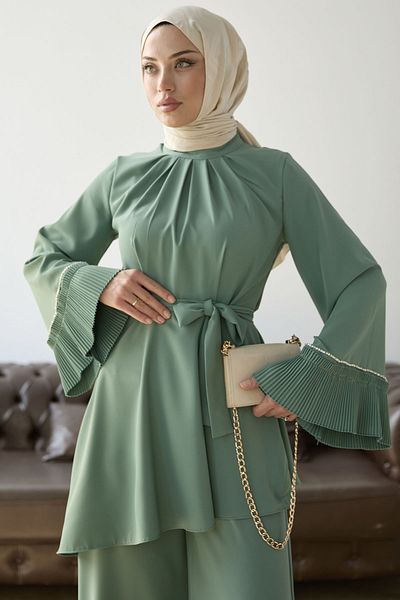 InStyle Pleated Sleeve Belted Double Set - Mint