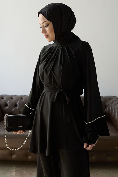 InStyle Pleated Sleeve Belted Double Set - Black