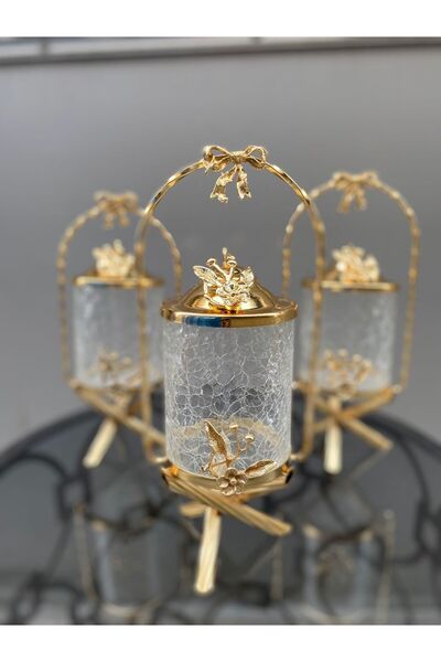 AZADE BAKIR SEPET MİNİ ÇATLAK CAM DESEN KAVANOZ TAKIMI GOLD RENK