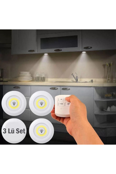 10EN Uzaktan Kumandalı Yapışkanlı Kablosuz Pilli Led 3'lü Spot Lamba