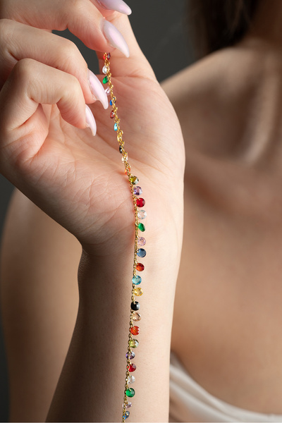 Nereze 925 Ayar Gümüş Gold Kaplama Sallantılı Mix Zirkon Taşlı Halhal