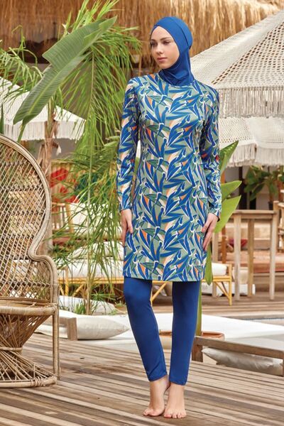 Kapılı Kadın Likralı Uzun Kollu Desenli Kapalı Tesettür Mayo