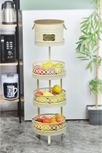 Evistro Doğal Ahşap Ekmeklikli Ferforje Sebzelik Ve Meyvelik Desenli Krem