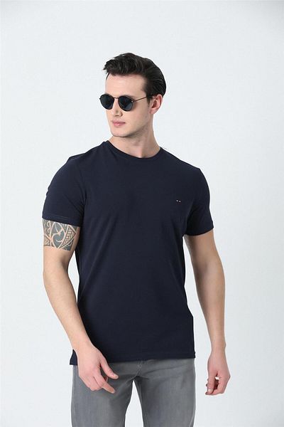 Brothers Ανδρικό μπλουζάκι Navy Blue - Crew Neck, Κέντημα με λογότυπο, Basic Lycra Single Jersey