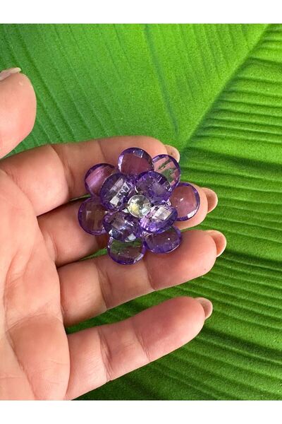 Gönülden Tasarım 4X4 CM KRİSTAL TAŞLI ÇİÇEK BROŞ YAKA İĞNESİ TÜRBAN İĞNESİ AKSESUAR Mor