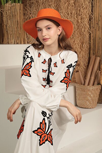 vuvutasarım Велика вишивка з візерунком комір судді Віскозна тканина з довгим рукавом максі-сукня Пляжне плаття