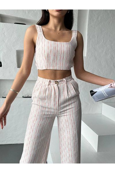Eke Tekstil Orange Striped Crop Trousers Linen Set