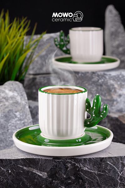 Mowo Home 2 Pieces Cactus Patterned Turkish Coffee - Espresso Cup, Gift Cactus Cup