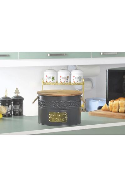 Evistro Metal Bread Bowl with Wooden Cutting Board and Wicker Handle Bread Bowl Anthracite