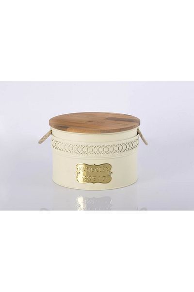 Evistro Metal Bread Bowl with Wooden Cutting Board and Wicker Handle Bread Bowl Cream