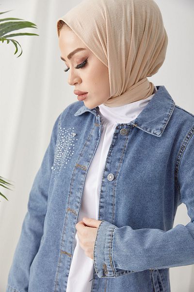 InStyle Τζιν Μπουφάν με Πέρλες Λεπτομέρειες - Γαλάζιο