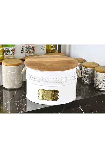 Evistro Metal Bread Bowl with Wooden Cutting Board and Wicker Handle Bread Bowl White