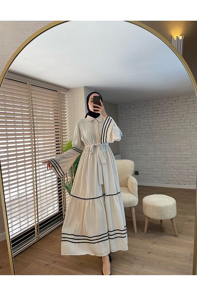 VOLT CLOTHİNG Besticktes Leinenkleid mit Hemdkragen für Damen