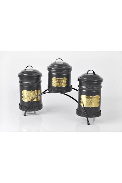 Evistro Metal Tea Coffee Candy Storage Container 3 Pieces with Stand Black