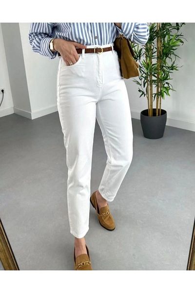 MAKRAS EXCLUSIVE Jaxen Blugi Mom albi din anii 90 pentru femei Blugi elastici cu talie înaltă din lycra