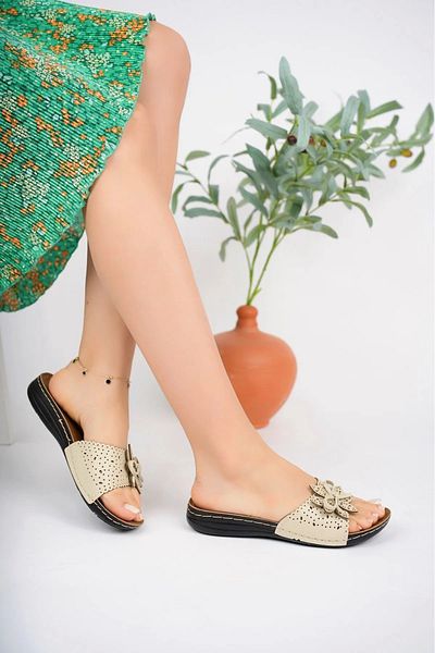Ayakkabı Vakti Anatomical Flower Buckle Flat Sole Women's Slippers