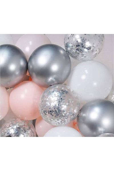 Deniz Party Store Silver Chrome Macaron Pink White Silver Confetti Transparent Balloon Set of 20