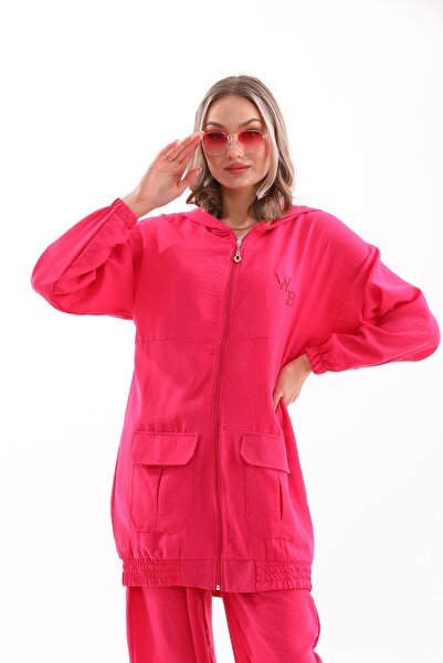 WestBound Women's Hijab Summer Trench Trousers Bottom Top Double Linen Set - Fuchsia