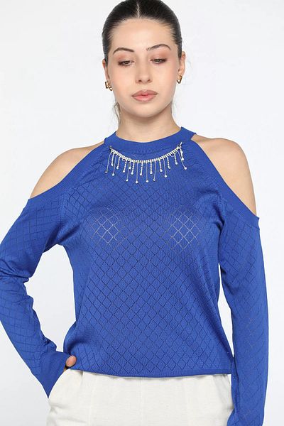 GÜLSELİ Γυναικεία πλεκτή μπλούζα Saks Blue Shoulder Low Cut Crew Neck Stone