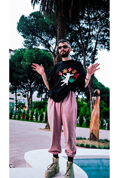 melongeneco Siyah oversıze kedi çiçekleri t-shirt bisiklet yaka tişört