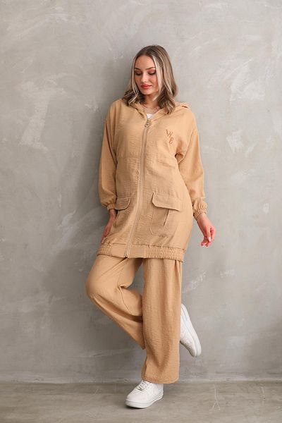 WestBound Γυναικείο Hijab Summer Trench Παντελόνι Κάτω Τοπ Διπλό Λινό Σετ - Mink