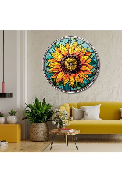 GAAGART Yuvarlak Temperli Gerçek Cam Tablo Ayçiçeği Desenli Vitray