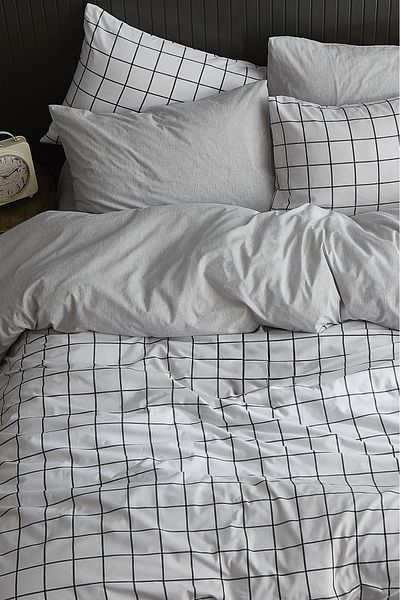 Sares Home Set cuvertură dublu cu model geometric, carouri alb, cearșaf de pat cu utilizare dublă, culoare gri