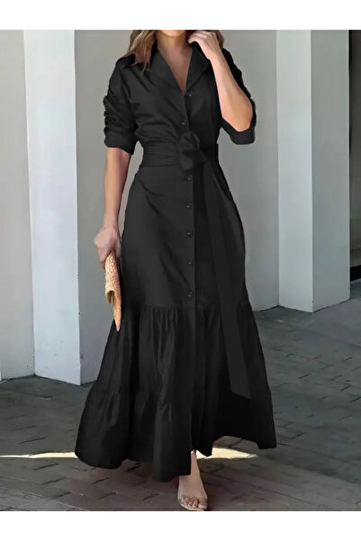 Moka Shopin Long Sleeve Ruffled Skirt and Belted Waist Tricotone Shirt Dress