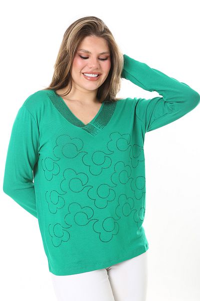 Şans Women's Plus Size Green V-Neck Stone Detailed Long Sleeve Blouse 65N37153