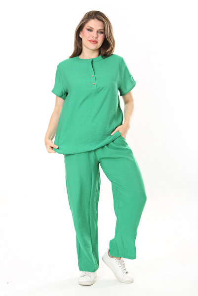 Şans Women's Plus Size Green Front Placket Buttoned Tunic and Trousers Double Set 65N37879