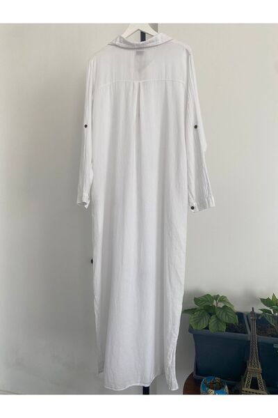 Bohemian Women's White Slit Long Sleeve Shirt Collar Organic Cotton Kaftan Kimono