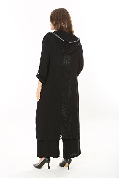 Şans Plus Size Black Lace and Glitter Hooded Cap and Trousers Set - 65N37878