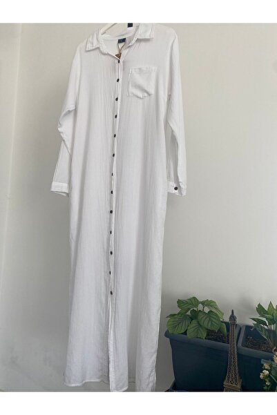 Bohemian Women's White Slit Long Sleeve Shirt Collar Organic Cotton Kaftan Kimono