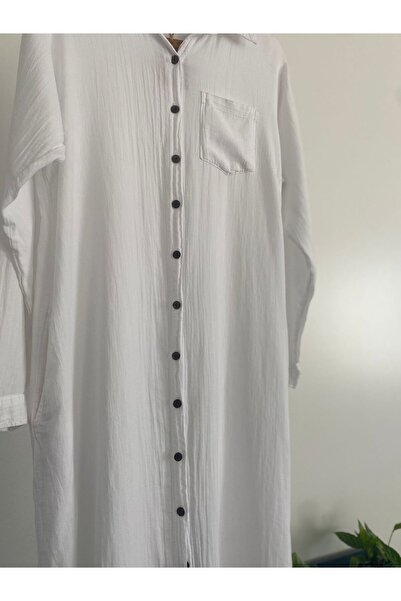 Bohemian Women's White Slit Long Sleeve Shirt Collar Organic Cotton Kaftan Kimono