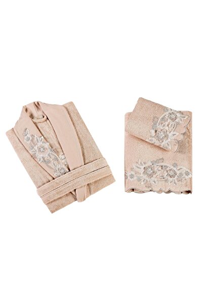 Pupilla Collection 3 Parça Bambu Güpürlü Vanetta Kadın Bornoz Seti - Gül Kurusu