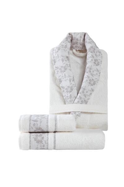 Pupilla Collection 3 Parça %100 Pamuk Pandora Kadın Bornoz Seti - Ekru