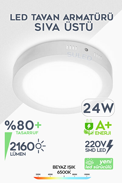 SULED Güçlü Led Tavan Armatürü 24W Beyaz Işık 2160lm 220V A+ 28CM 6500K Beyaz...