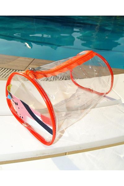 AlpCollection Model de perie Mână de mână Dimensiune mare Portocaliu Transparent Vacanță Plajă Geantă cosmetică pentru machiaj și îngrijire