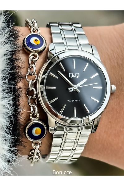 Q&Q Brand Steel Cord, Black Dial, Waterproof Silver Color Women's Wristwatch with Evil Eye Beads Bracelet