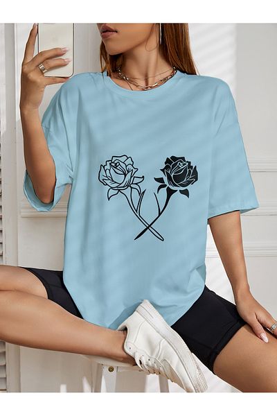 aynewmoda oversize бяла черна тениска с щампи на цветя