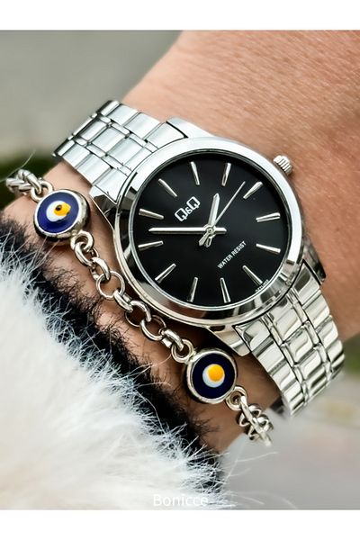 Q&Q Brand Steel Cord, Black Dial, Waterproof Silver Color Women's Wristwatch with Evil Eye Beads Bracelet