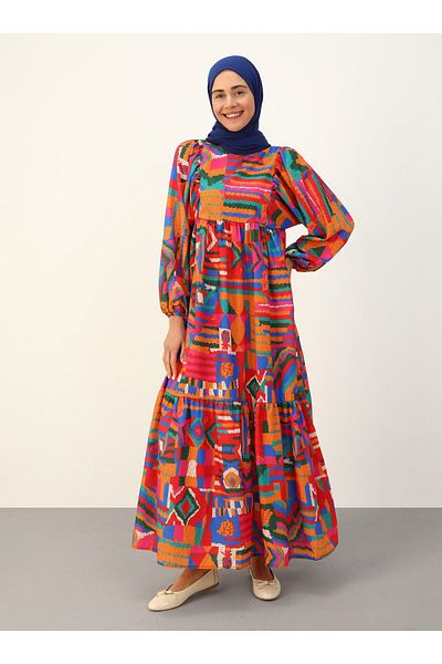 Benin Ethnic Patterned Balloon Sleeve Hijab Dress - Multicolored - Benin